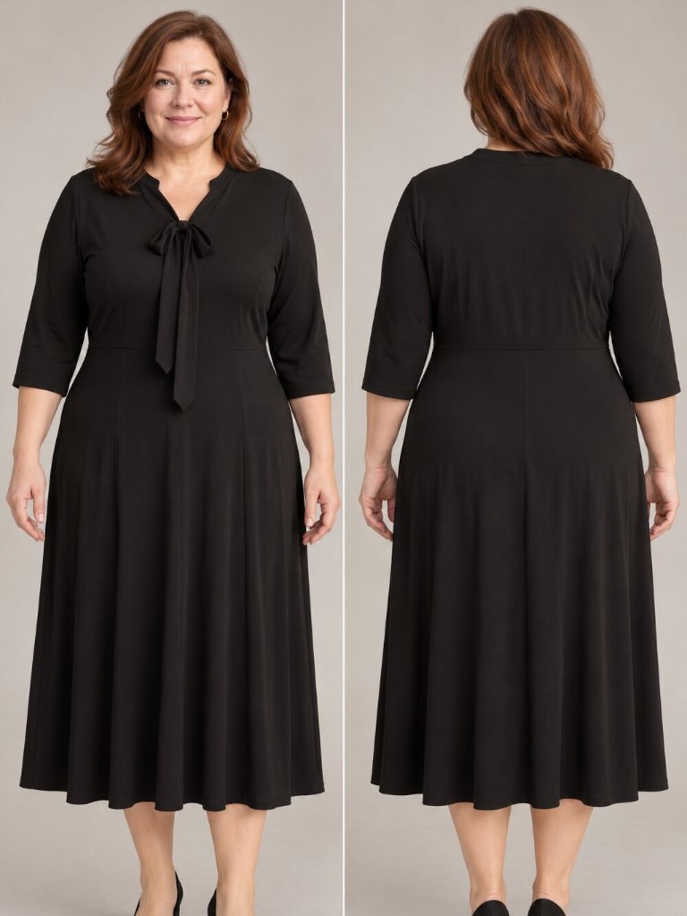 Oxiuli Fashion Black Tie Neck Three Quarter Sleeve Midi Dress 2XL